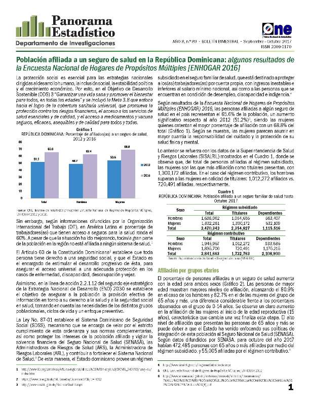 Boletín Panorama Estadístico 89 Población Afiliada a un Seguro de Salud en la República Dominicana Enhogar 2016