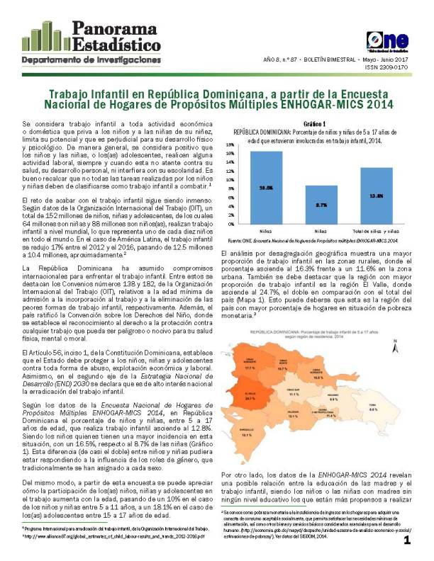 Boletín Panorama Estadístico 87 Trabajo Infantil en Rep Dom A Partir de la Enhogar Mics 2014