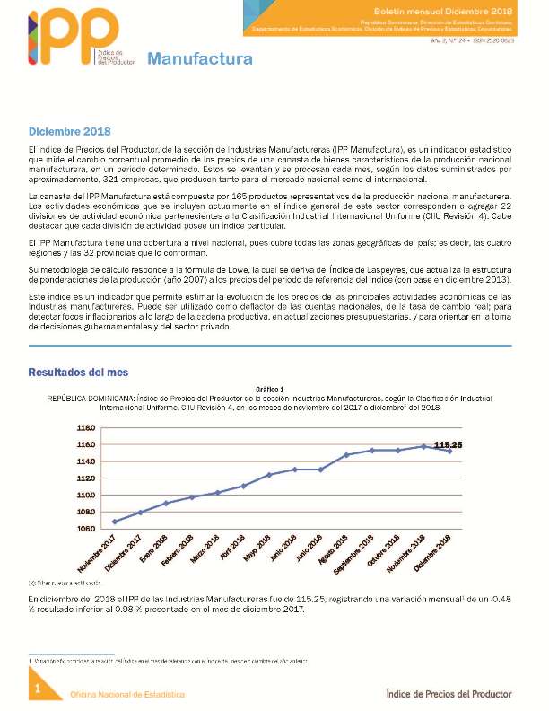 Boletín Índice de Precios del Productor Manufactura Diciembre 2018