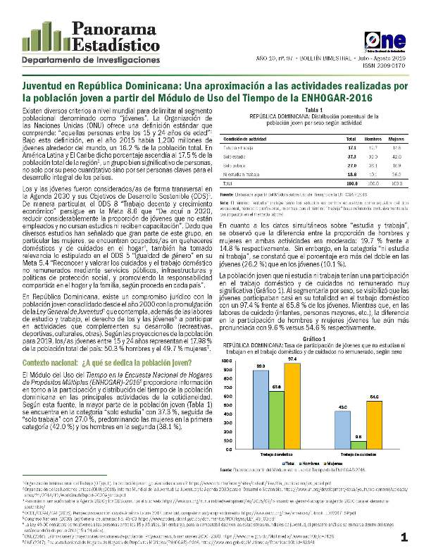 Boletín Panorama Estadístico 97 Juventud en República Dominicana Población Joven Módulo Uso del Tiempo Enhogar 2016 Julio-Agosto 2019