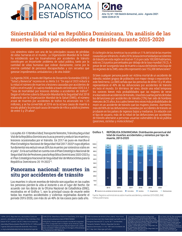 Panorama Estadístico 109 Siniestralidad vial en República Dominicana : Un análisis de las muertes in situ por accidentes de tránsito durante 2015-2020