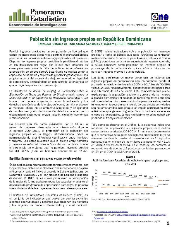 Boletín Panorama Estadístico 86 Población Sin Ingresos Propios en República Dominicana Datos Sisge 2004-2014 Abril-Mayo 2017