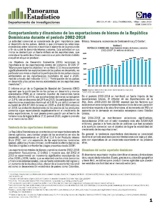 Boletín Panorama Estadístico 96 Comportamiento y Dinamismo de las Exportaciones de Bienes República Dominicana Período 2002-2018 Mayo-Junio 2019
