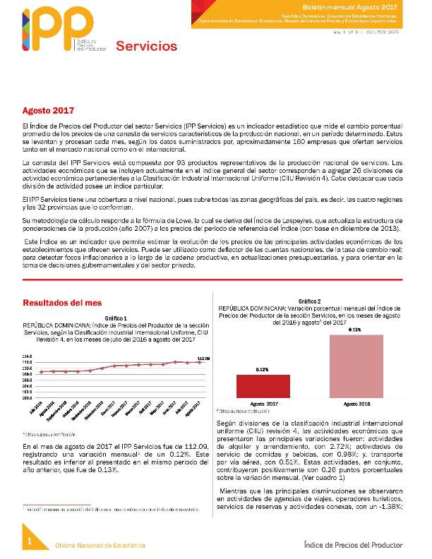 Boletín Índice de Precios del Productor Servicios Agosto 2017