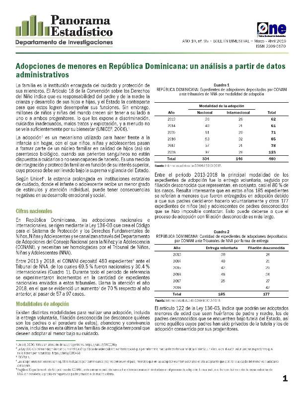 Boletín Panorama Estadístico 95 Adopciones de Menores en República Dominicana Datos Administrativos Marzo-Abril 2019