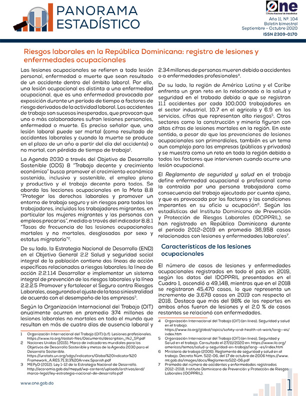 Panorama Estadístico No. 104 Riesgos laborales en la República Dominicana: registro de lesiones y enfermedades ocupacionales