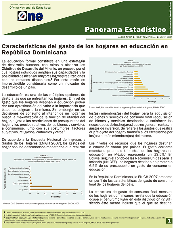 Boletín Panorama Estadístico 37 Características del Gasto de los Hogares en Educación en República Dominicana Marzo 2011