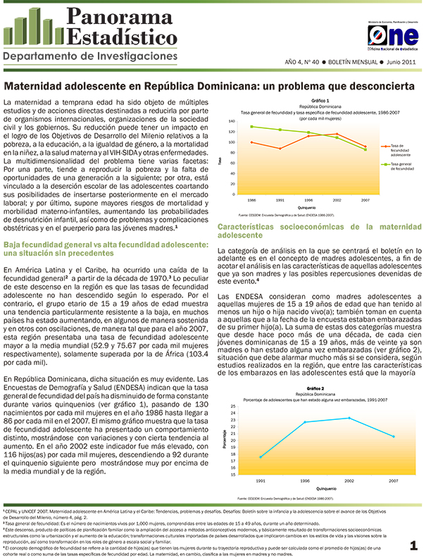 Boletín Panorama Estadístico 40 Maternidad Adolescente en República Dominicana un Problema que Desconcierta Junio 2011