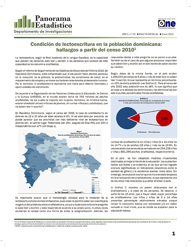 Boletín Panorama Estadístico 52 Condición de Lectoescritura en la Población Dominicana Hallazgos a partir del Censo 2010 Enero 2013