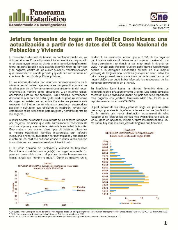 Boletín Panorama Estadístico 65 Jefatura Femenina de Hogar en República Dominicana Actualización de Datos IX Censo Nacional Febrero 2014