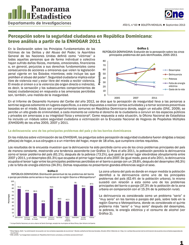 Boletín Panorama Estadístico 60 Percepción Sobre la Seguridad Ciudadana en República Dominicana Breve Análisis a partir de ENHOGAR 2011 Septiembre 2013