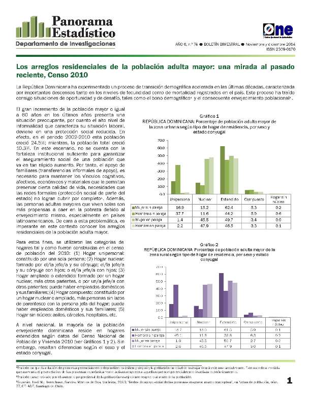 Boletín Panorama Estadístico 74 Los Arreglos Residenciales Población Adulta Mayor Una Mirada al Pasado Reciente Censo 2010 Noviembre Diciembre 2014