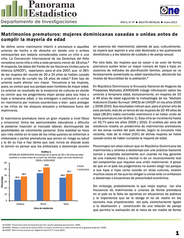 Boletines Panorama Estadistico 47 Matrimonios Prematuros Mujeres Dominicanas Casadas o Unidas Antes de Cumplir la Mayoría de Edad Enero 2012