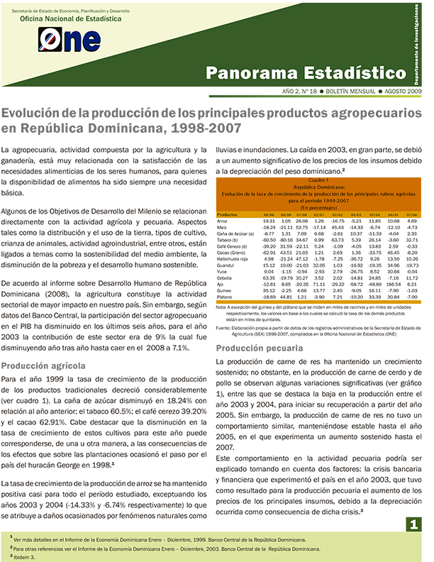 Boletín Panorama Estadístico 18 Evolución de la Producción de los Principales Productos Agropecuarios en República Dominicana 1998-2007 Agosto 2009