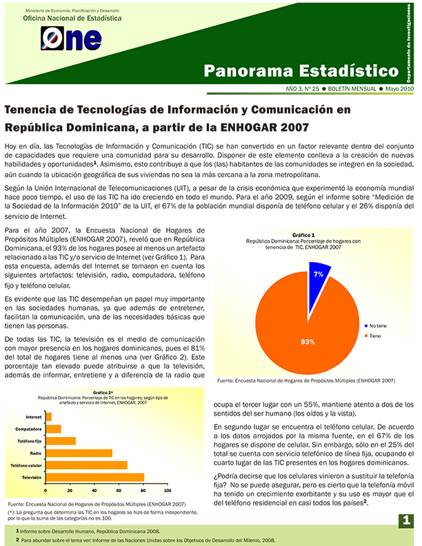 Boletín Panorama Estadístico 25 Tenencia de Tecnología de Información y Comunicación en República Dominicana ENHOGAR 2007