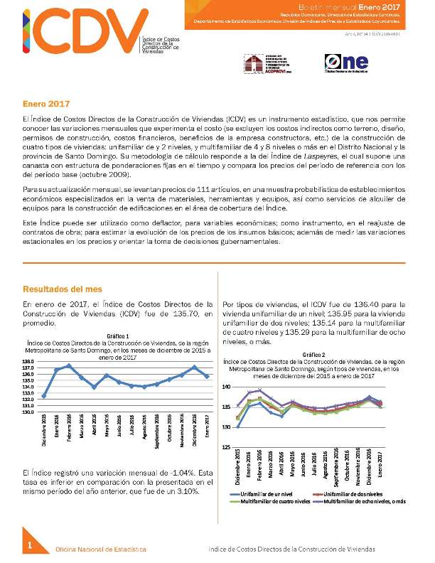 Boletín Indice de Costos Directos de la Construcción de Viviendas Enero 2017