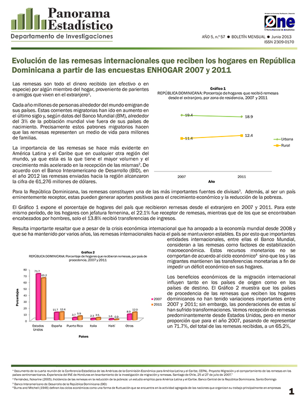 Boletín Panorama Estadístico 57 Evolución de las Remesas Internacionales que Reciben los Hogares en República Dominicana ENHOGAR 2007-2011 Junio 2013