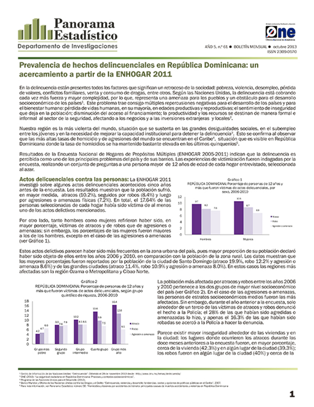 Boletín Panorama Estadístico 61 Prevalencia de Hechos Delincuenciales en República Dominicana Un Acercamiento a partir ENHOGAR 2011 Octubre 2013