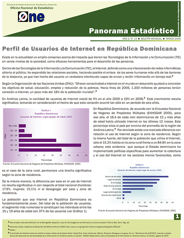 Boletín Panorama Estadístico 13 Perfil de Usuarios de Internet en República Dominicana Marzo 2009