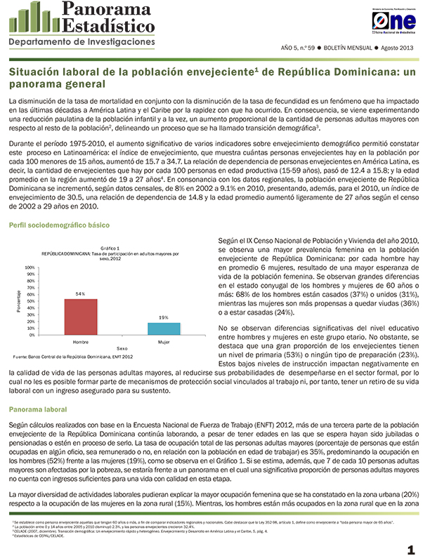 Boletín Panorama Estadístico 59 Situación Laboral de la Población Envejeciente de República Dominicana Un Panorama General Agosto 2013