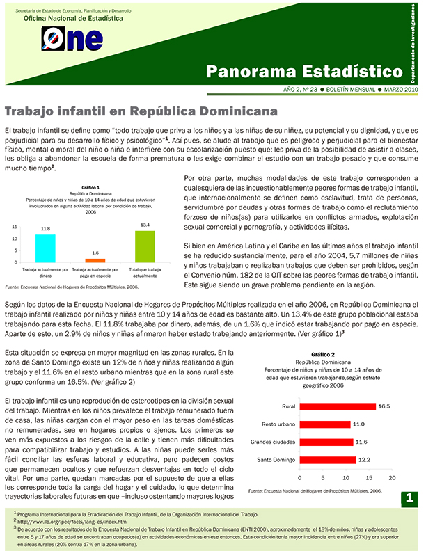 Boletín Panorama Estadistico 23 Trabajo Infantil en República Dominicana