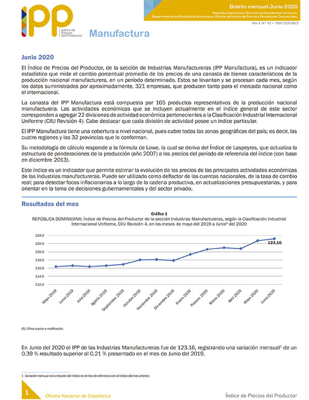Boletín Índice de Precios del Productor, Manufactura Junio 2020