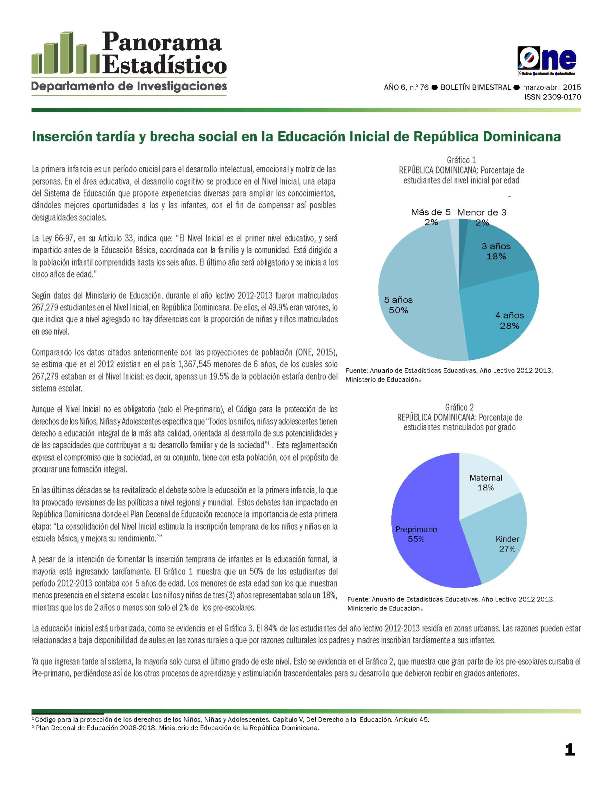 Boletín Panorama Estadístico 76 Inserción Tardía y Brecha Social en la Educación Inicial de República Dominicana Marzo Abril 2015