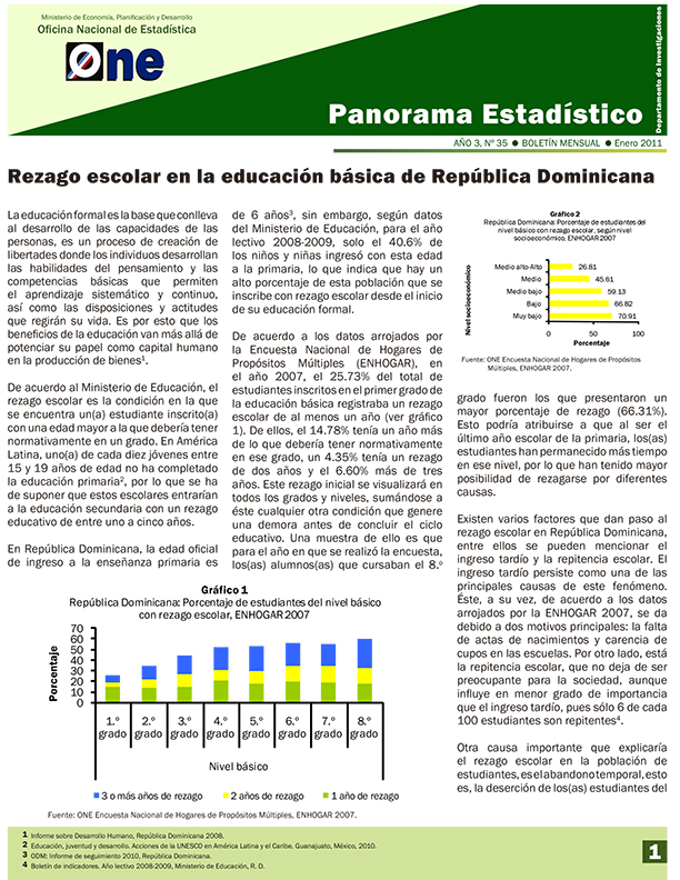 Boletín Panorama Estadístico 35 Rezago Escolar en la Educación Básica de República Dominicana Enero 2011