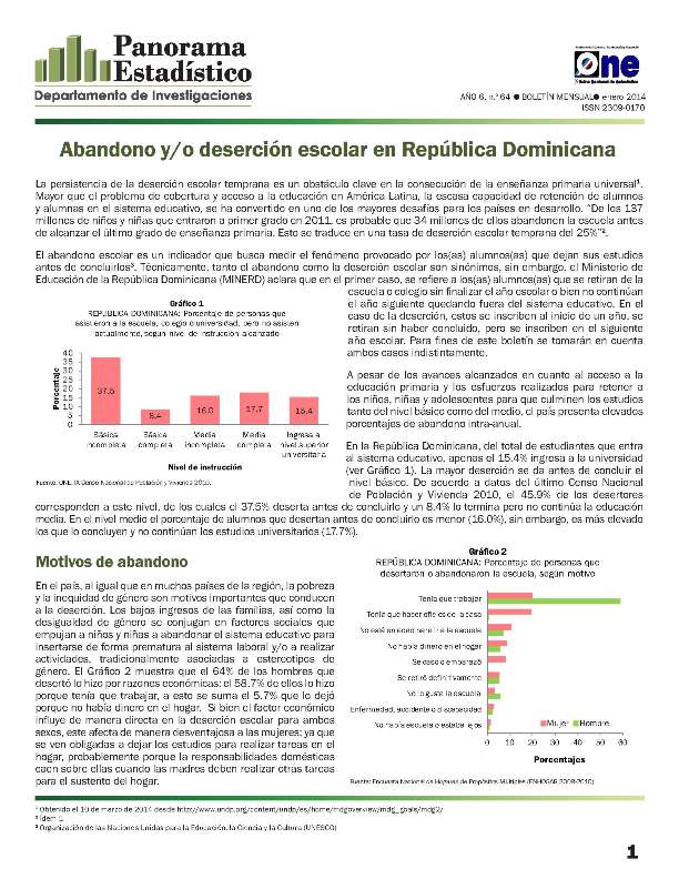 Boletín Panorama Estadístico 64 Abandono y/o Deserción Escolar en República Dominicana Enero 2014
