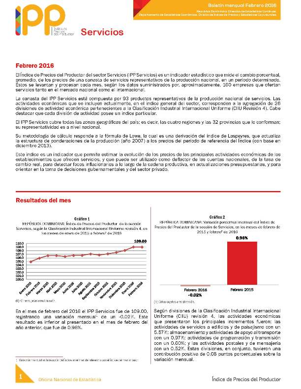 Boletín Índice de Precios del Productor Servicios Febrero 2016