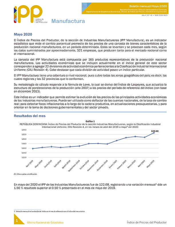 Boletín Índice de Precios del Productor, Manufactura Mayo 2020