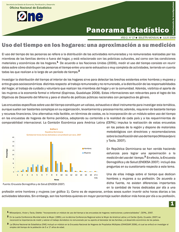 Boletín Panorama Estadístico 17 Uso del Tiempo en los Hogares Una Aproximación a su Medición Julio 2009