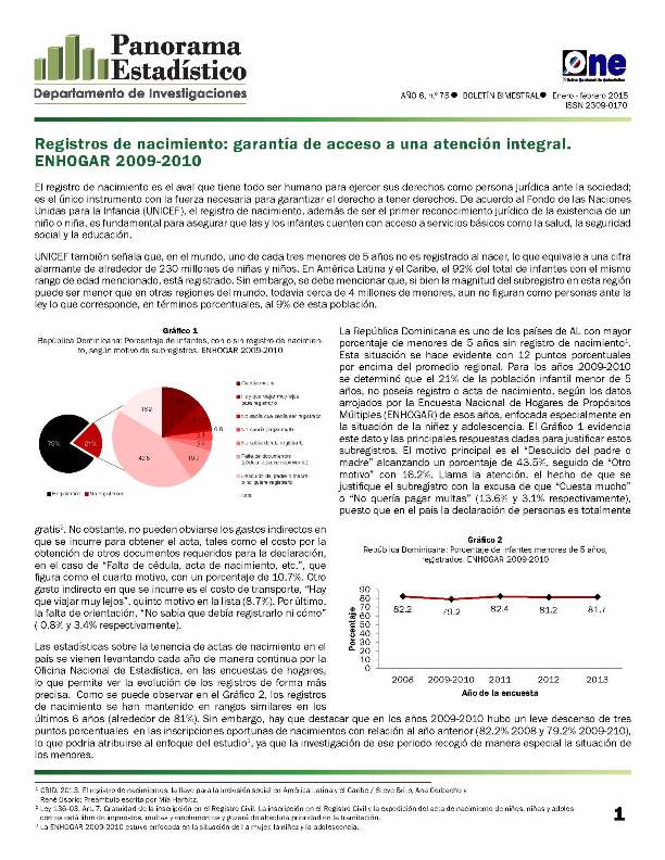 Boletín Panorama Estadístico 75 Registros de Nacimiento Garantía de Acceso a una Atención Integral enhogar 2009-2010 Enero Febrero 2015