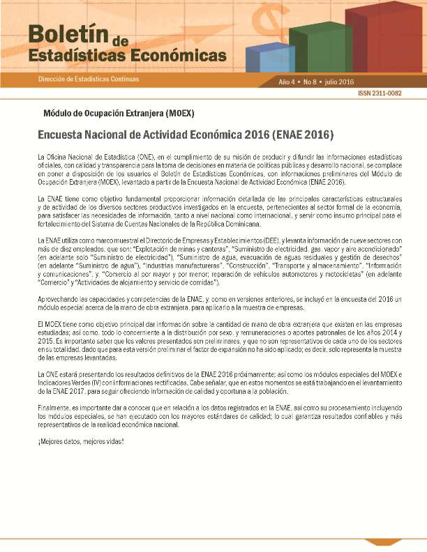 Boletín de Estadísticas Económicas Módulo de Ocupación Extranjera Enae 2016 Julio 2017