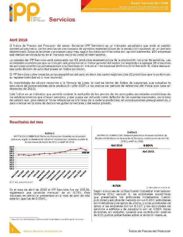 Boletín Índice de Precios del Productor Servicios Abril 2016