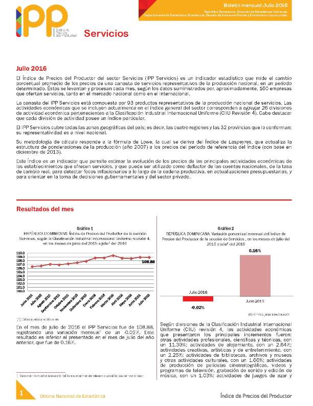 Boletín Índice de Precios del Productor Servicios Julio 2016